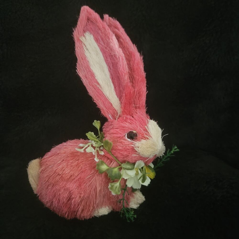 Pink Straw Rabbit With Greenery Accent Decor. Easter. Spring